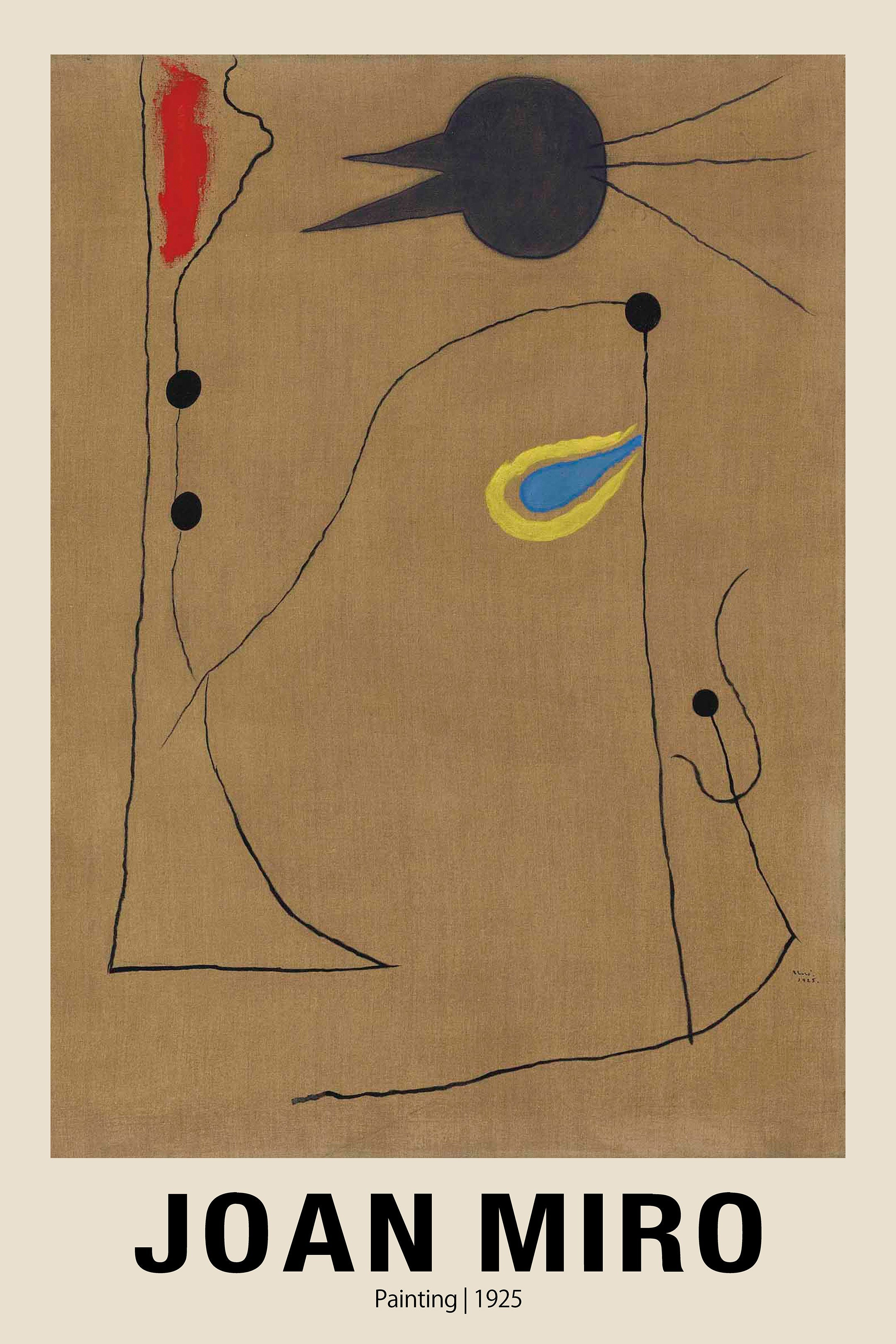 Abstract painting by Joan Miró (1925) featuring black lines, a black bird-like shape, red streak, and a yellow and blue eye shape on a textured tan background.