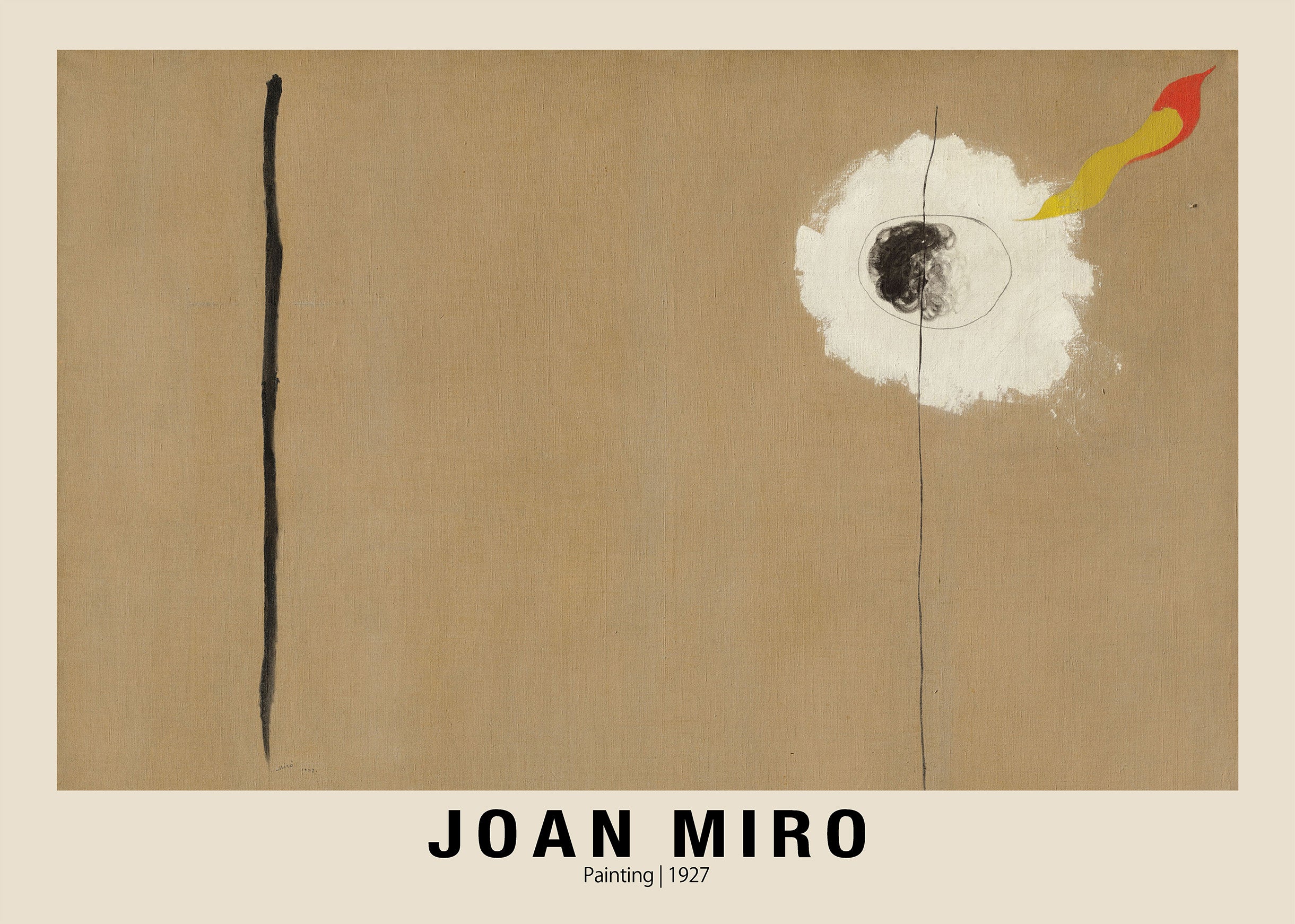 Joan Miró 1927 abstract painting print with tan canvas texture, a vertical black line, and white, dark, and flame-colored surrealist forms.