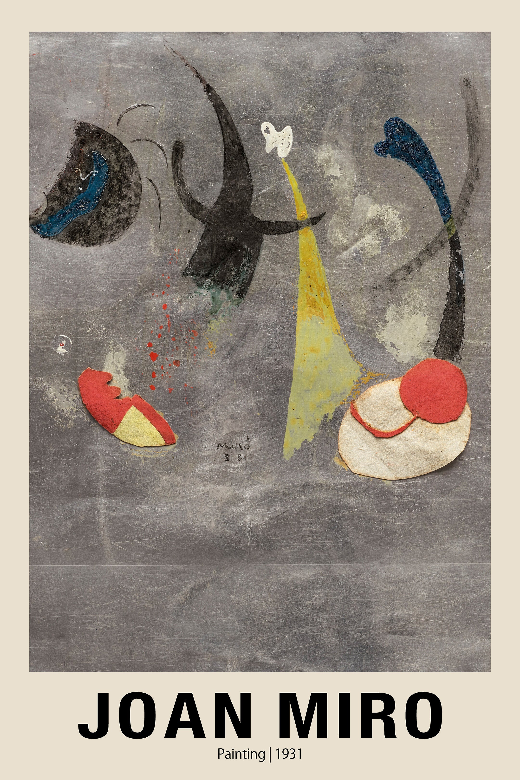 Abstract painting by Joan Miró (1931) featuring black biomorphic shapes, bright red and yellow collage elements on a scratched, metallic gray background.