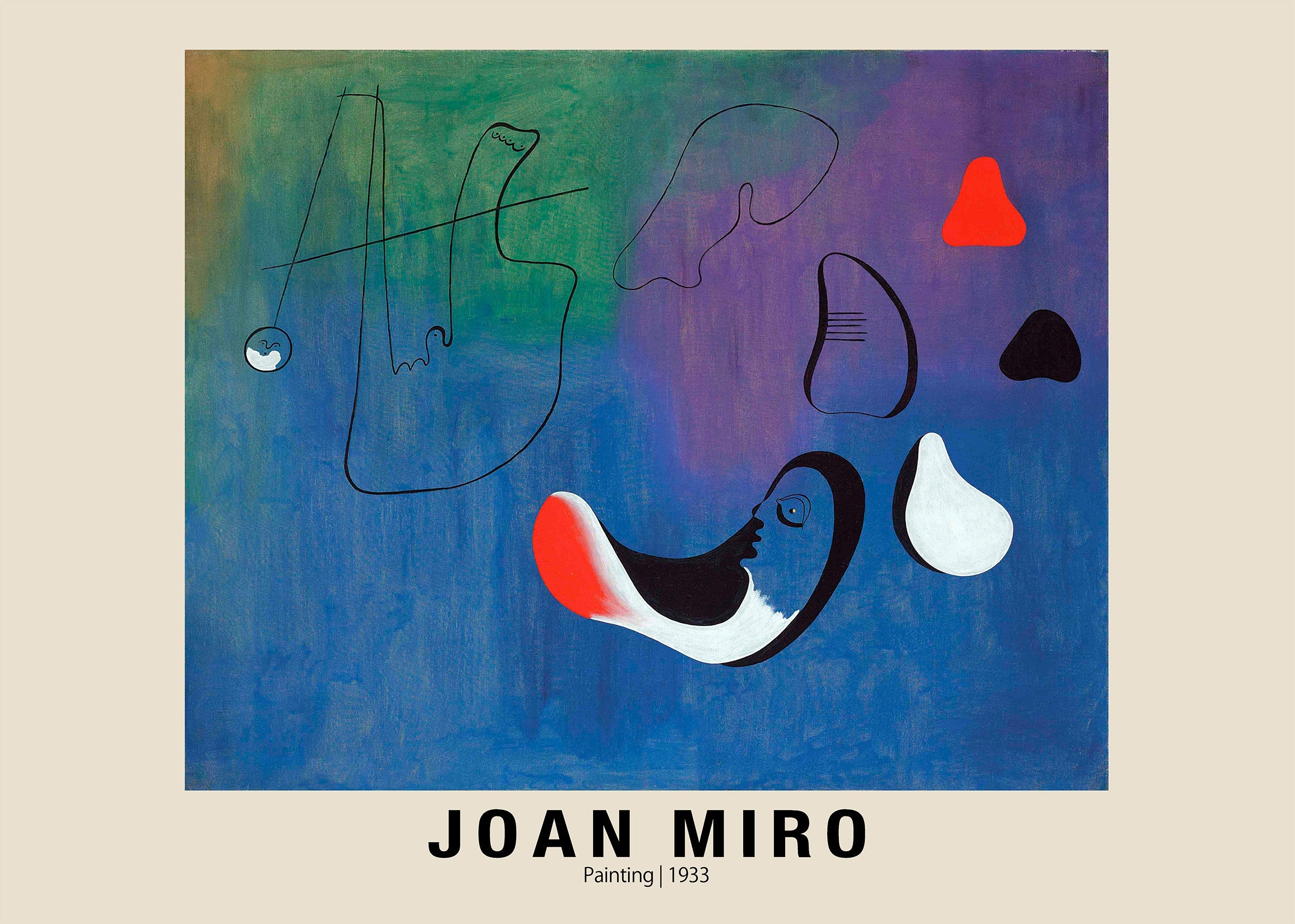 Abstract painting by Joan Miró from 1933 featuring biomorphic black, white, and red shapes against a deep blue and green gradient background.