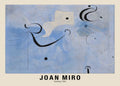 Reproduction of Joan Miró's 1964 abstract painting featuring bold black lines, a white bird-like shape, and dotted circles on a textured light blue background.
