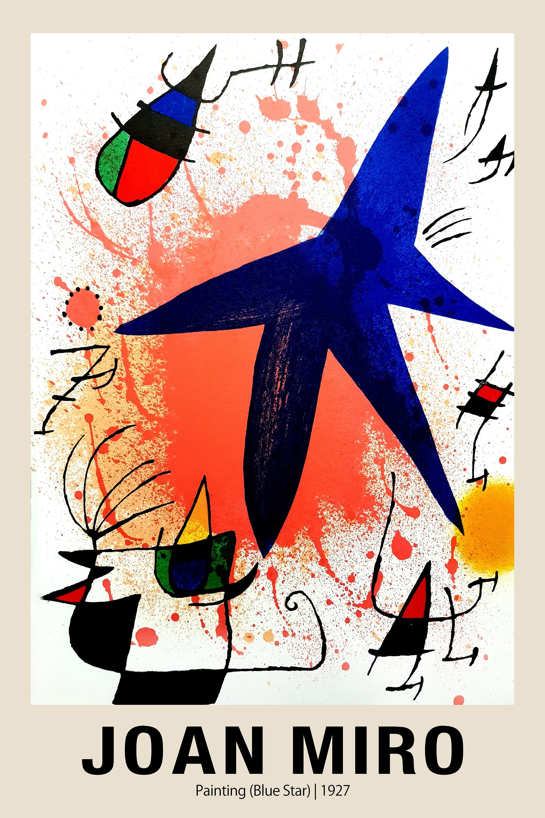 Abstract painting by Joan Miró, featuring a large, dark blue star shape set against a background of orange and coral paint splatter, executed in a surrealist style.