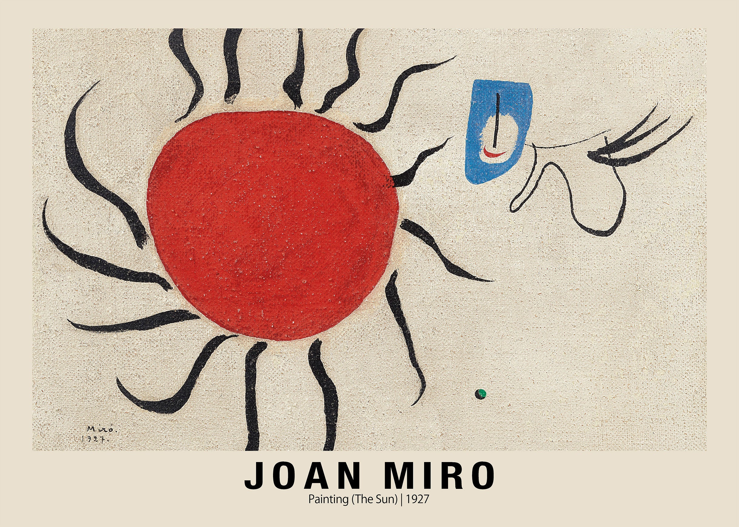 High-resolution reproduction of Joan Miró's 1927 painting featuring a textured red sun, wavy black lines, and a blue abstract shape on a cream background.