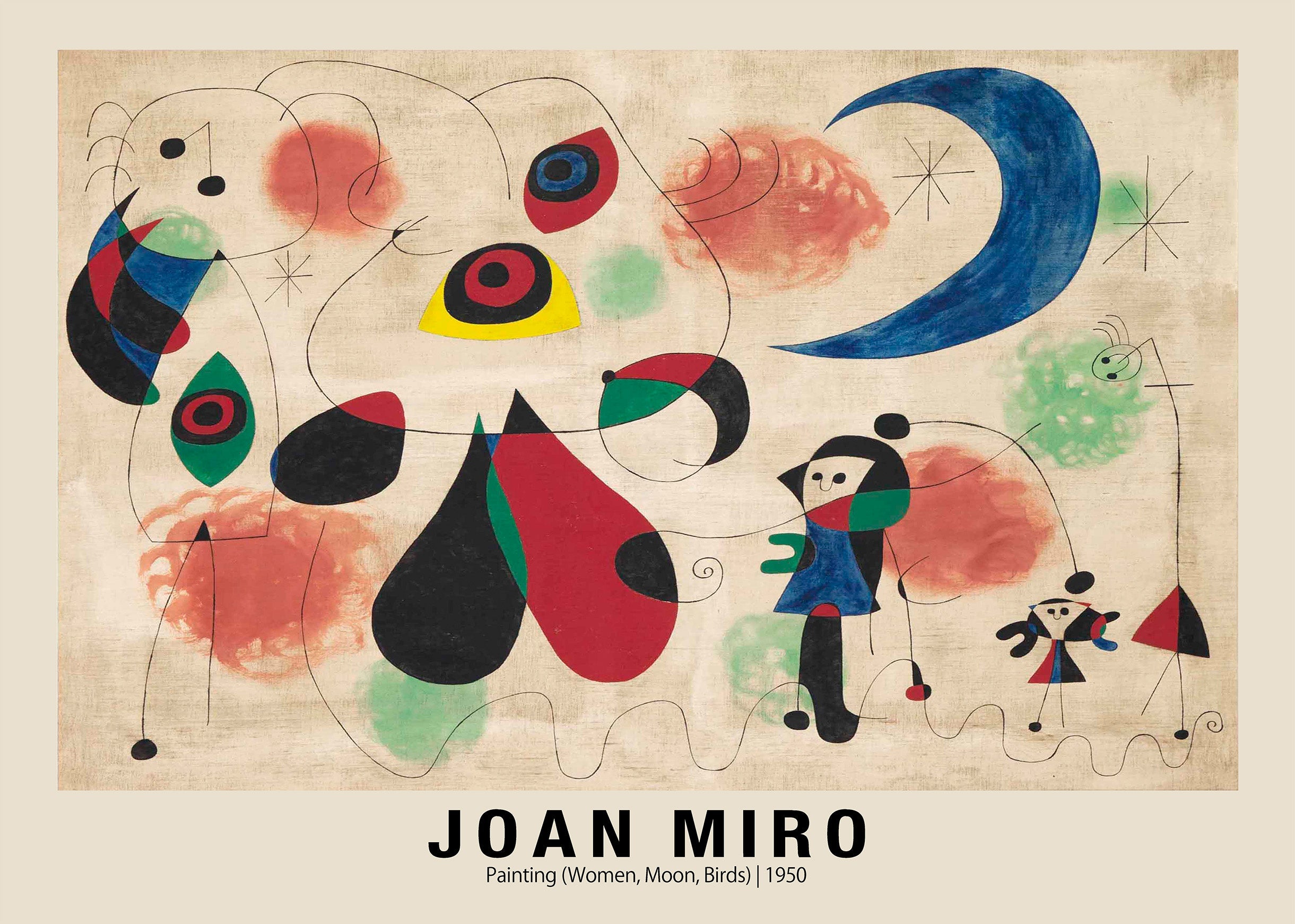 Joan Miró 1950 abstract painting featuring stylized women figures, bold primary colors, black lines, and a large blue crescent moon.