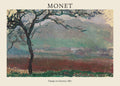Oil painting reproduction by Claude Monet titled "Paisaje en Giverny" (1887), showing a stark tree in a hazy, atmospheric field of greens and reds.