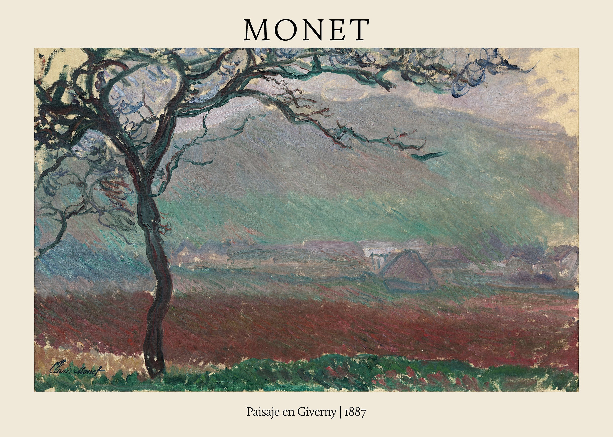 Oil painting reproduction by Claude Monet titled "Paisaje en Giverny" (1887), showing a stark tree in a hazy, atmospheric field of greens and reds.