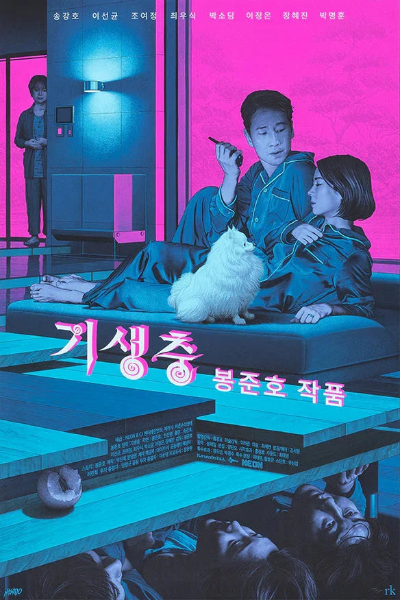 Illustrated movie poster for Parasite showing two people in pajamas with a small white dog on a sofa, neon pink and blue background, and Korean text