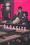 Poster for Parasite film shows two people in pajamas with a white dog on couch, man smoking, bright pink background