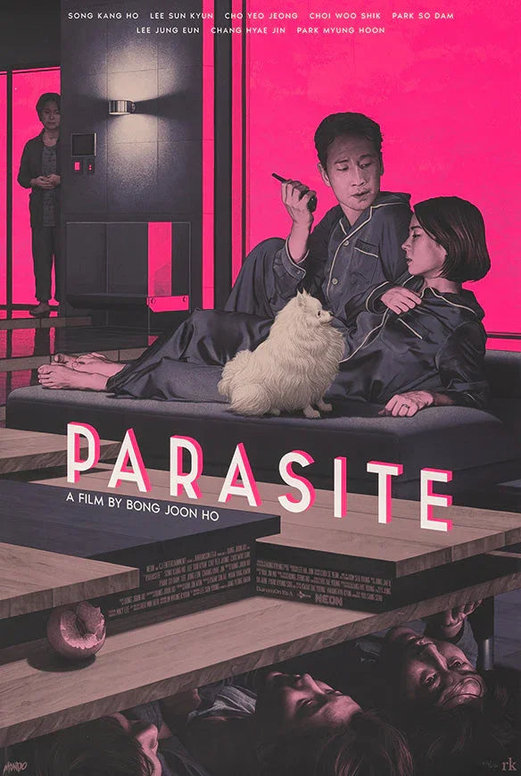 Poster for Parasite film shows two people in pajamas with a white dog on couch, man smoking, bright pink background