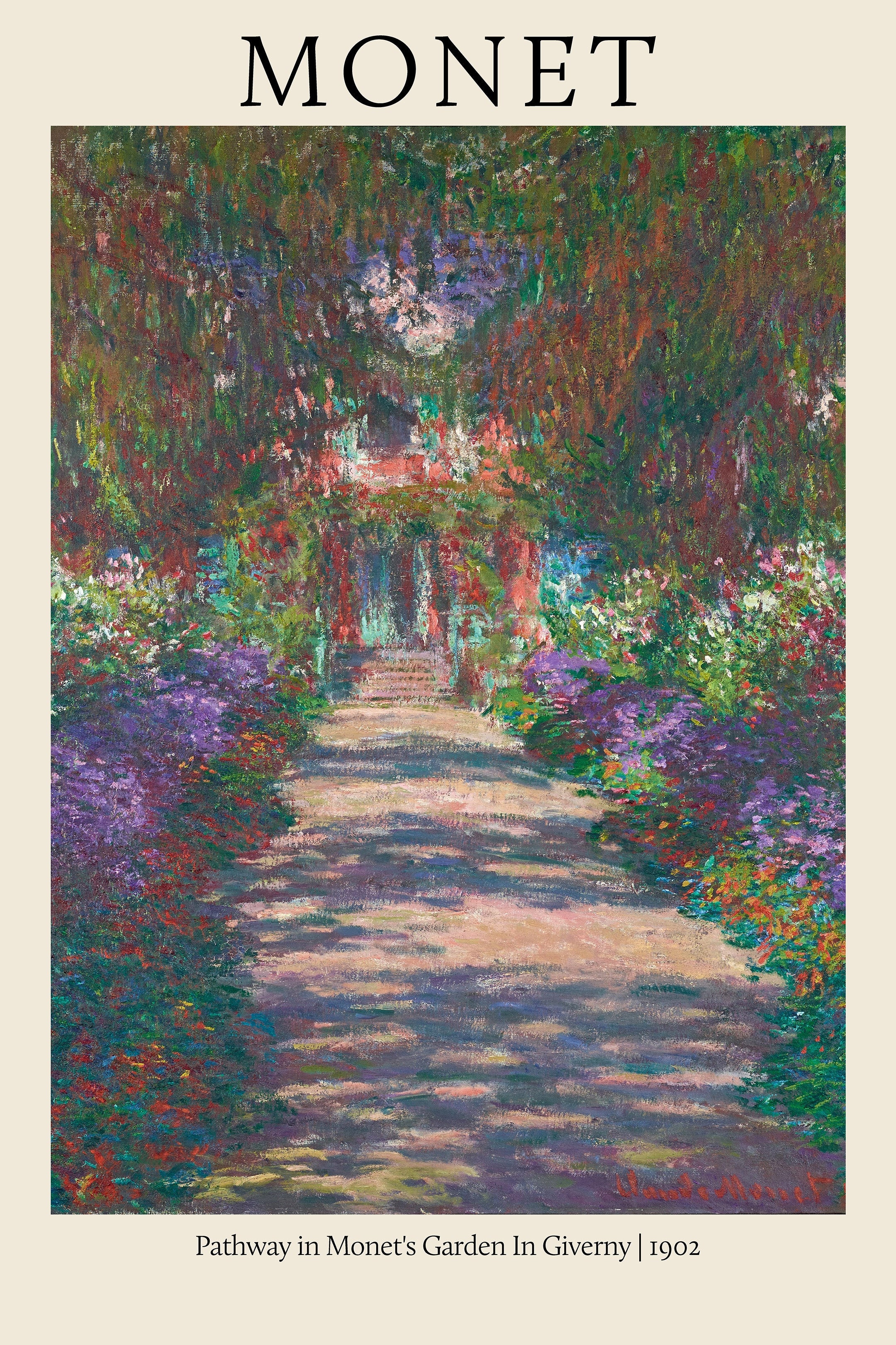 Claude Monet's "Pathway in Monet's Garden, Giverny" Impressionist painting featuring a colorful, shadowed path.
