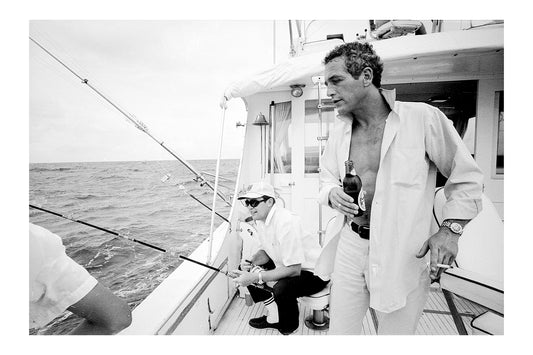 Paul Newman Candid Photo on Yacht | Vintage Black and White Print Poster