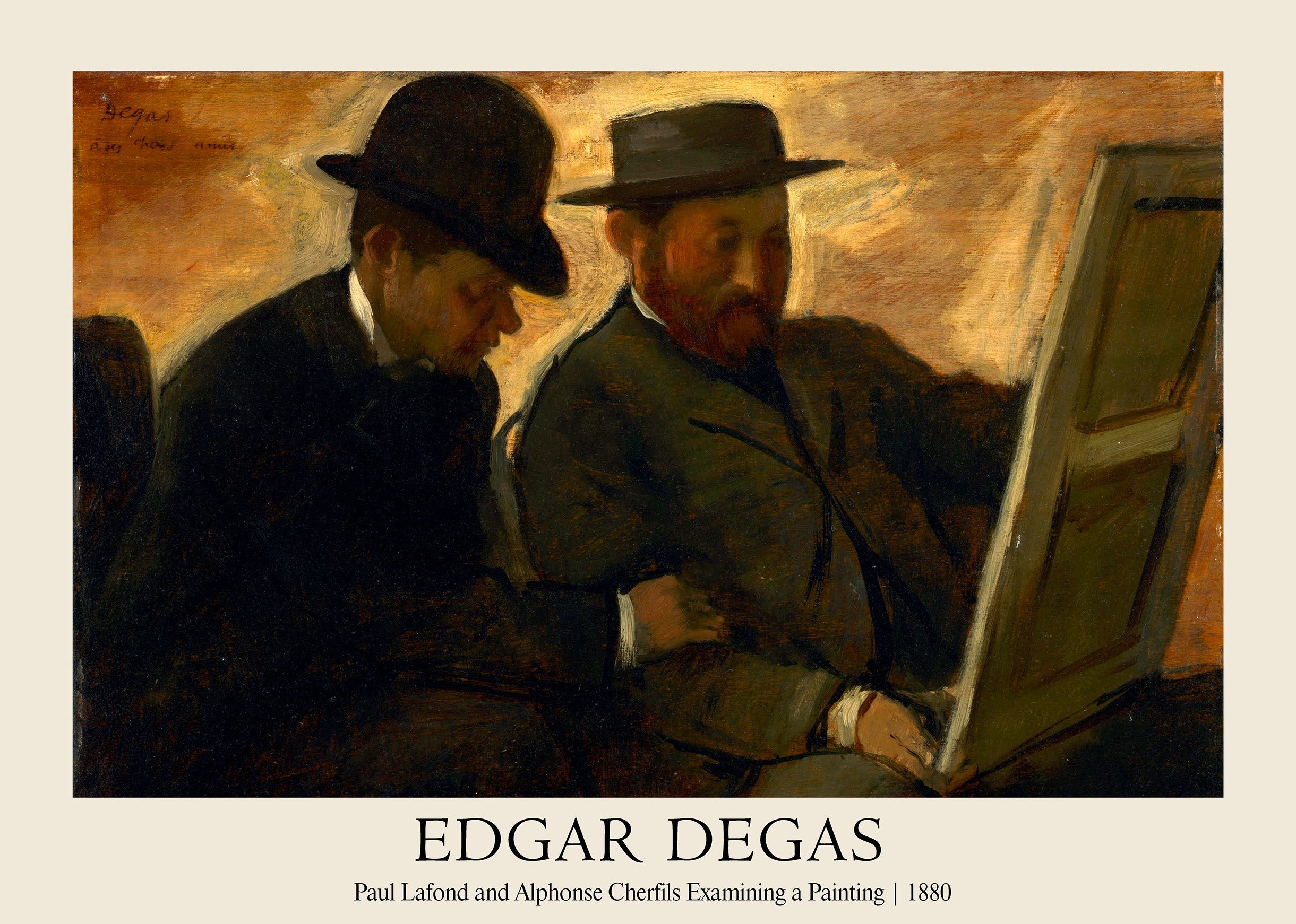 Edgar Degas oil painting (1880) featuring Paul Lafond and Alphonse Cherfils, two men in dark hats intently studying an easel. Moody, warm lighting.