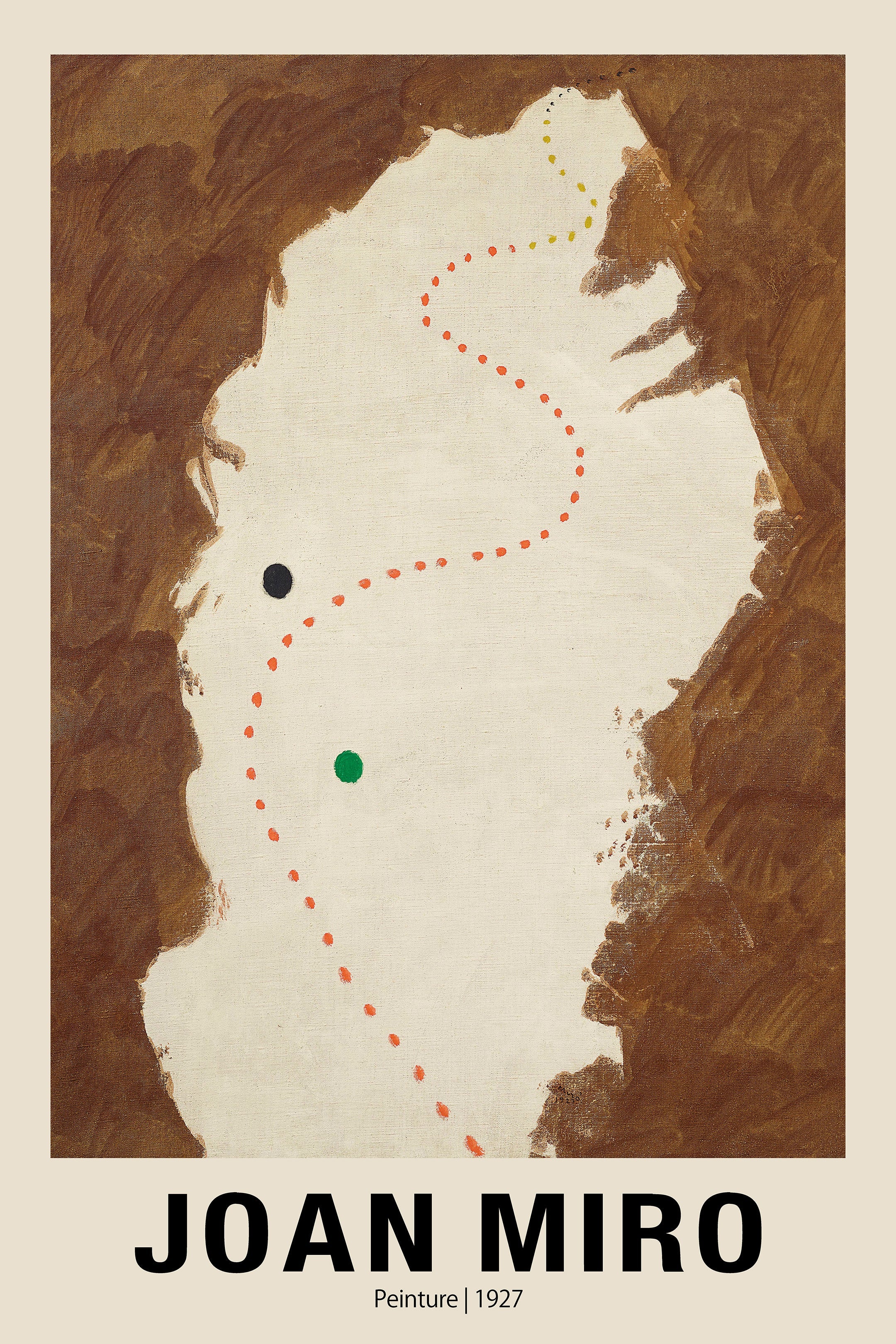 Reproduction poster of Joan Miró's 1927 abstract painting featuring a dotted red and black path on a neutral canvas against a brown border.