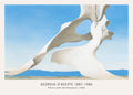 Iconic 1943 oil painting by Georgia O'Keeffe depicting a large white animal pelvis bone against a bright blue desert sky and distant mountains.