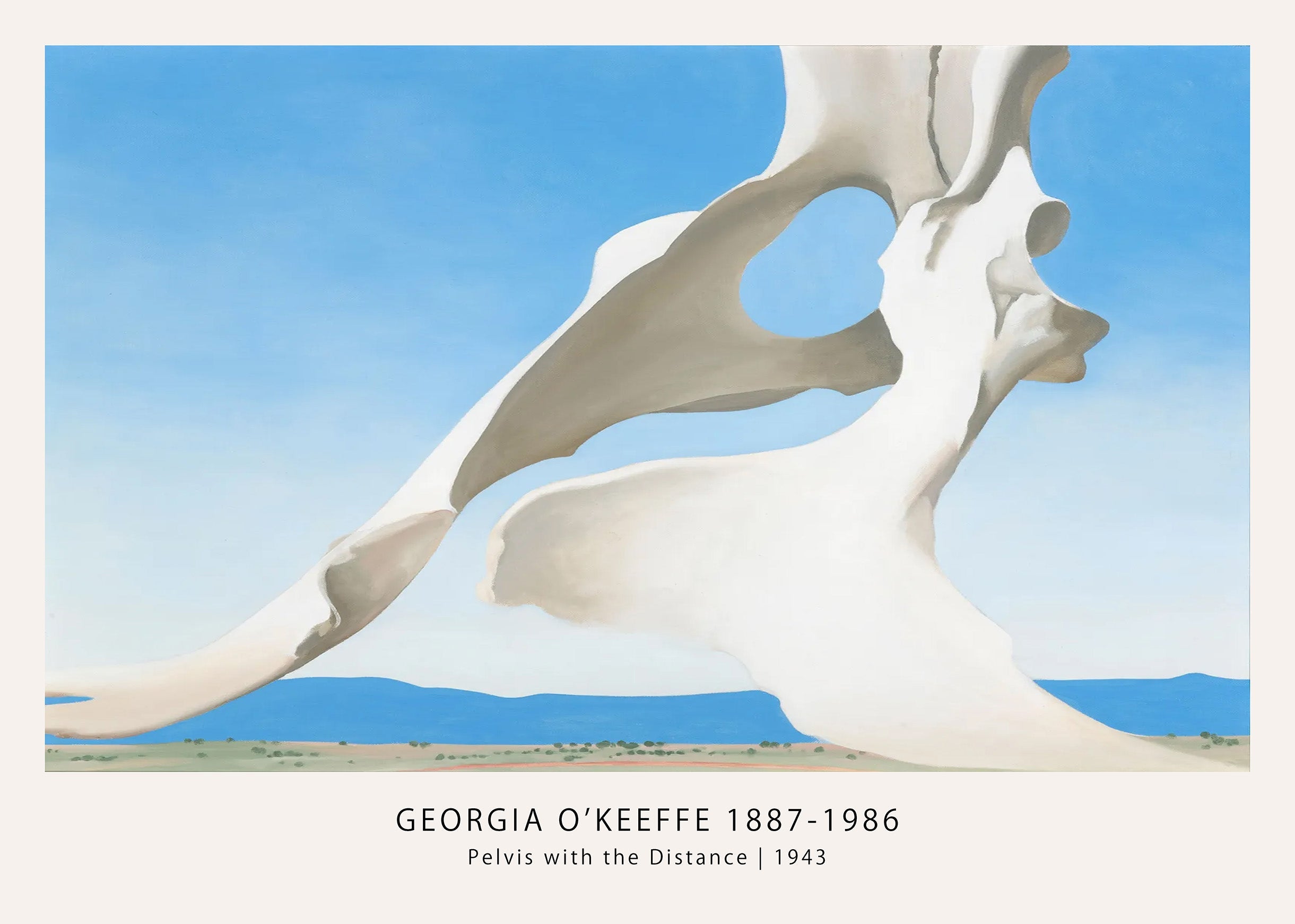 Iconic 1943 oil painting by Georgia O'Keeffe depicting a large white animal pelvis bone against a bright blue desert sky and distant mountains.