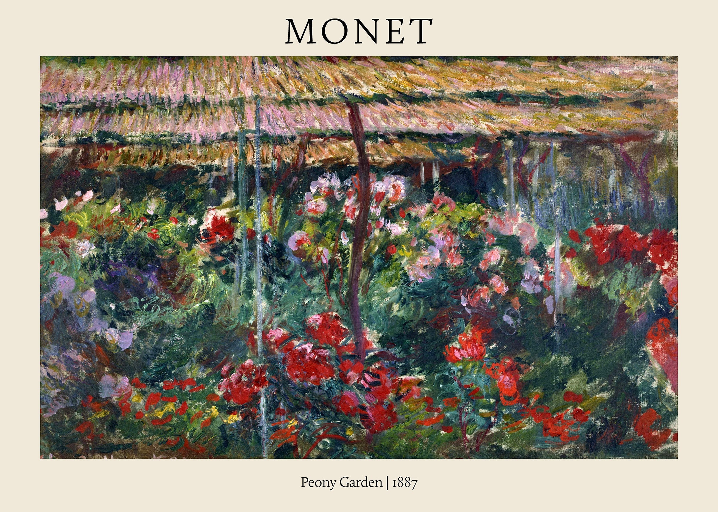 Detailed close-up reproduction of Claude Monet's 1887 painting, "Peony Garden," showing vibrant red and pink impressionistic florals under a thatched roof.