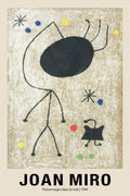 Joan Miró's "Personnages dans la nuit" (1944) abstract poster featuring black stick figures and colorful primary dots on a textured canvas background.