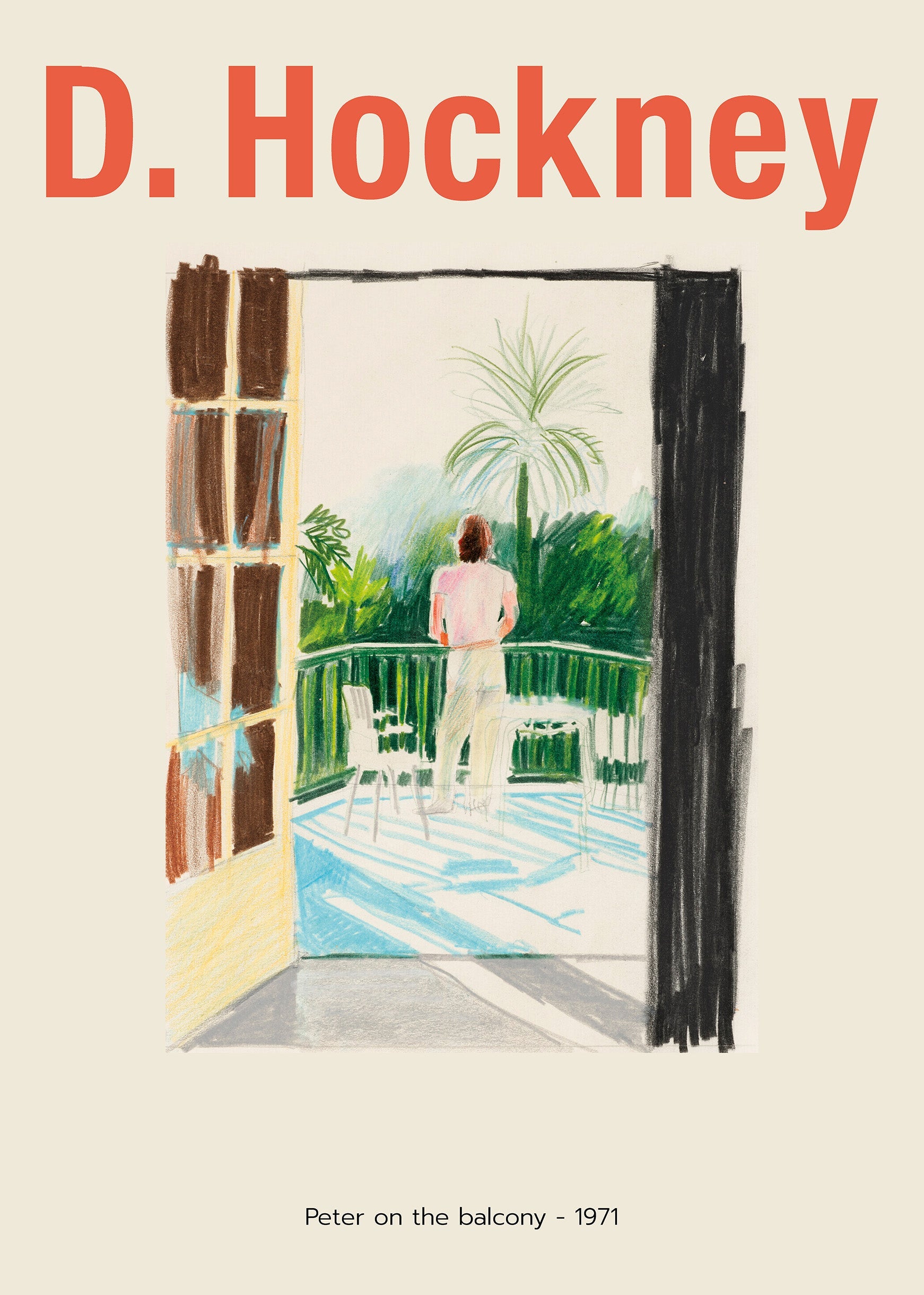 David Hockney's 1971 colored pencil drawing, "Peter on the balcony," showing a figure looking out at tropical foliage and stark blue shadows.