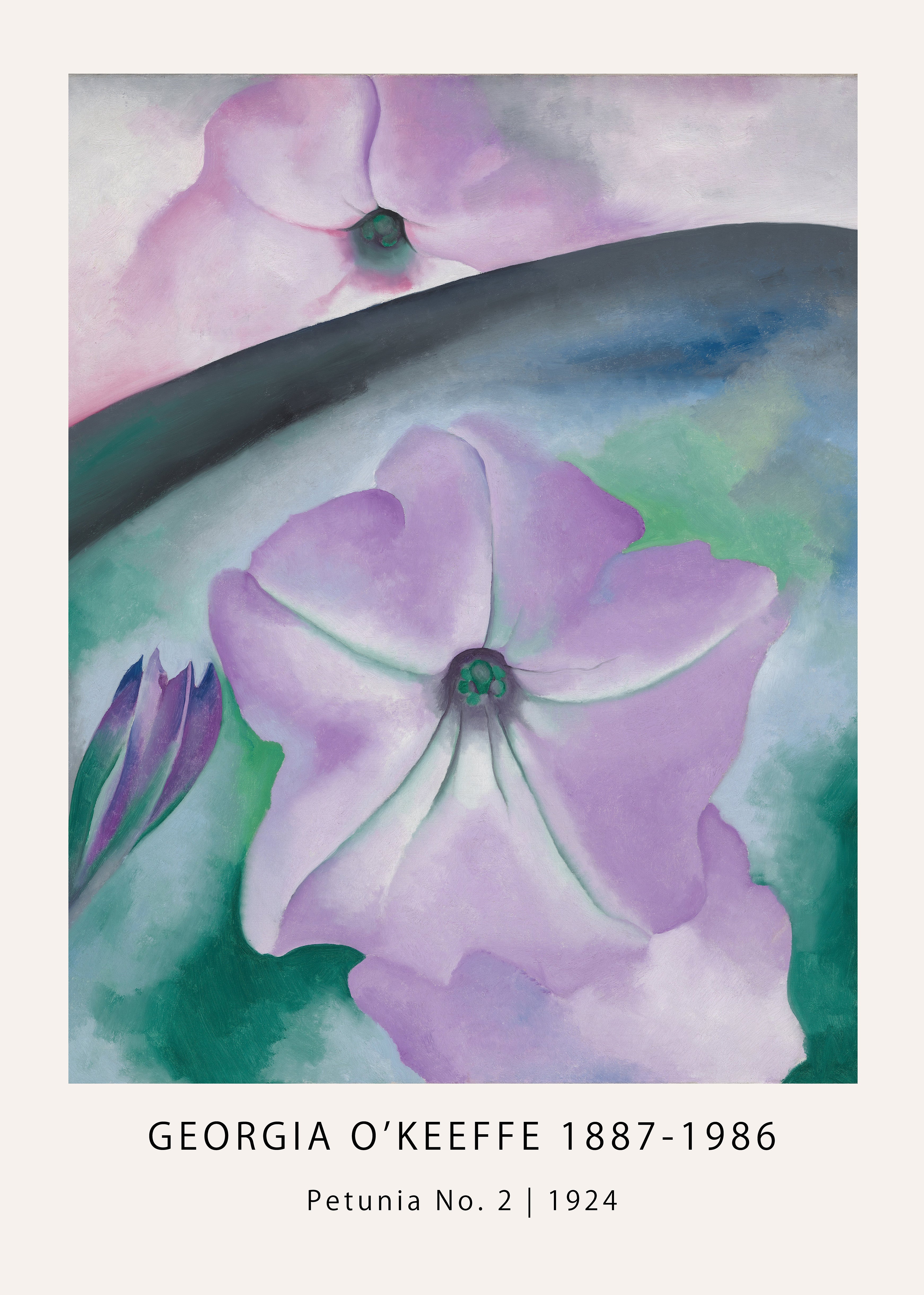 Magnified oil painting by Georgia O'Keeffe titled "Petunia No. 2," depicting a large lavender and white flower against a dark green and blue background.