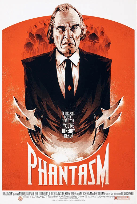 Phantasm movie poster featuring a stern man in a black suit with silver blades and orange background