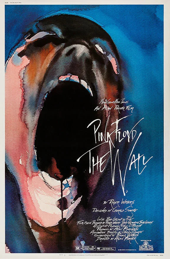 Abstract watercolor poster of a screaming face with text Pink Floyd The Wall, movie credits on blue background
