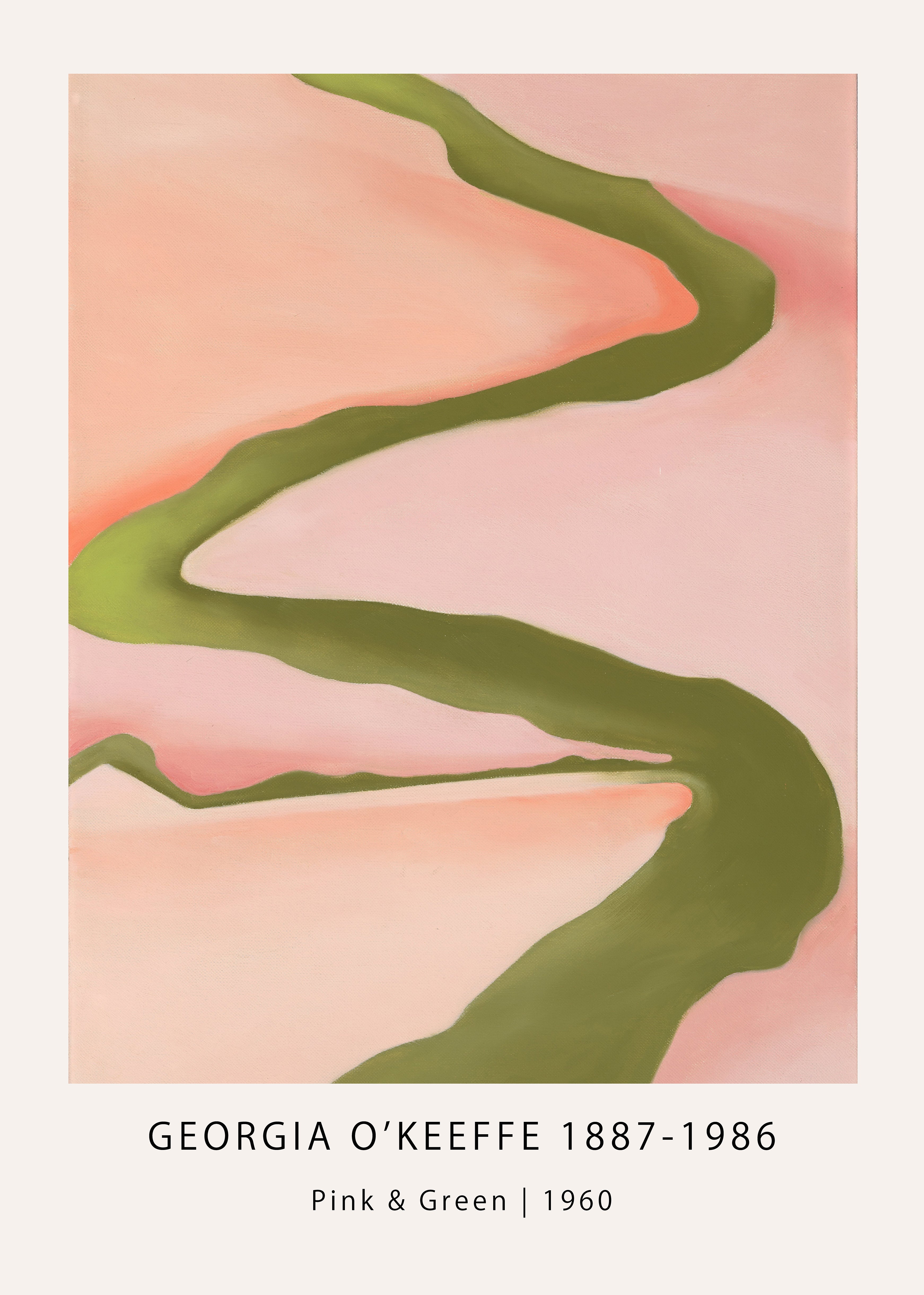 Reproduction of Georgia O'Keeffe's 1960 abstract painting titled "Pink & Green," featuring a curving moss-green river of paint against a soft peach and pink backdrop.