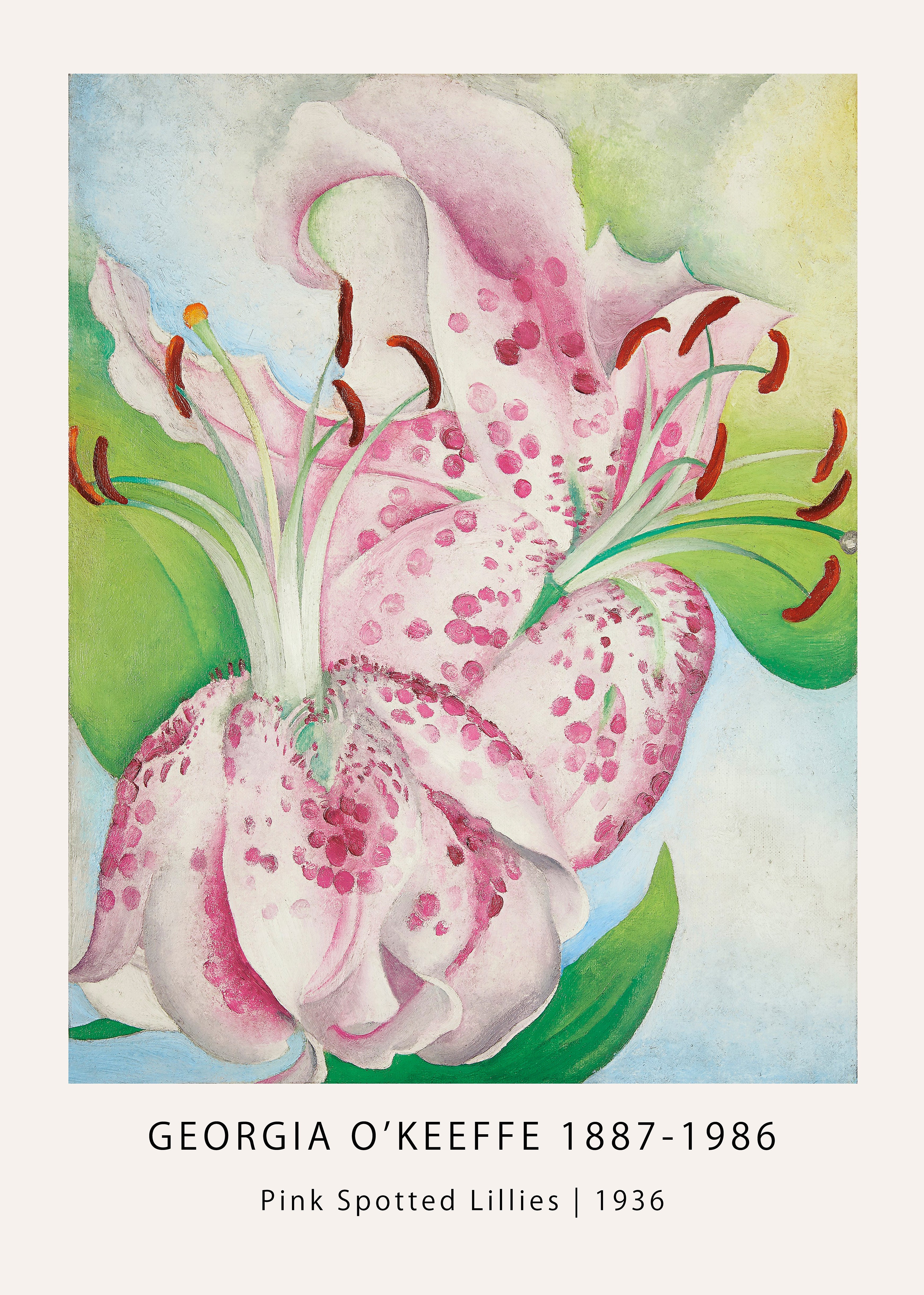 Close-up reproduction of Georgia O'Keeffe's 1936 painting, "Pink Spotted Lillies," showing magnified pink and white petals with prominent stamens.