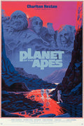 Planet of the Apes poster with astronauts walking through a rocky canyon and ape faces carved like Mount Rushmore