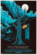 Poltergeist movie poster showing a large twisted tree in front of a suburban house at night with a full moon and a silhouette in an illuminated window