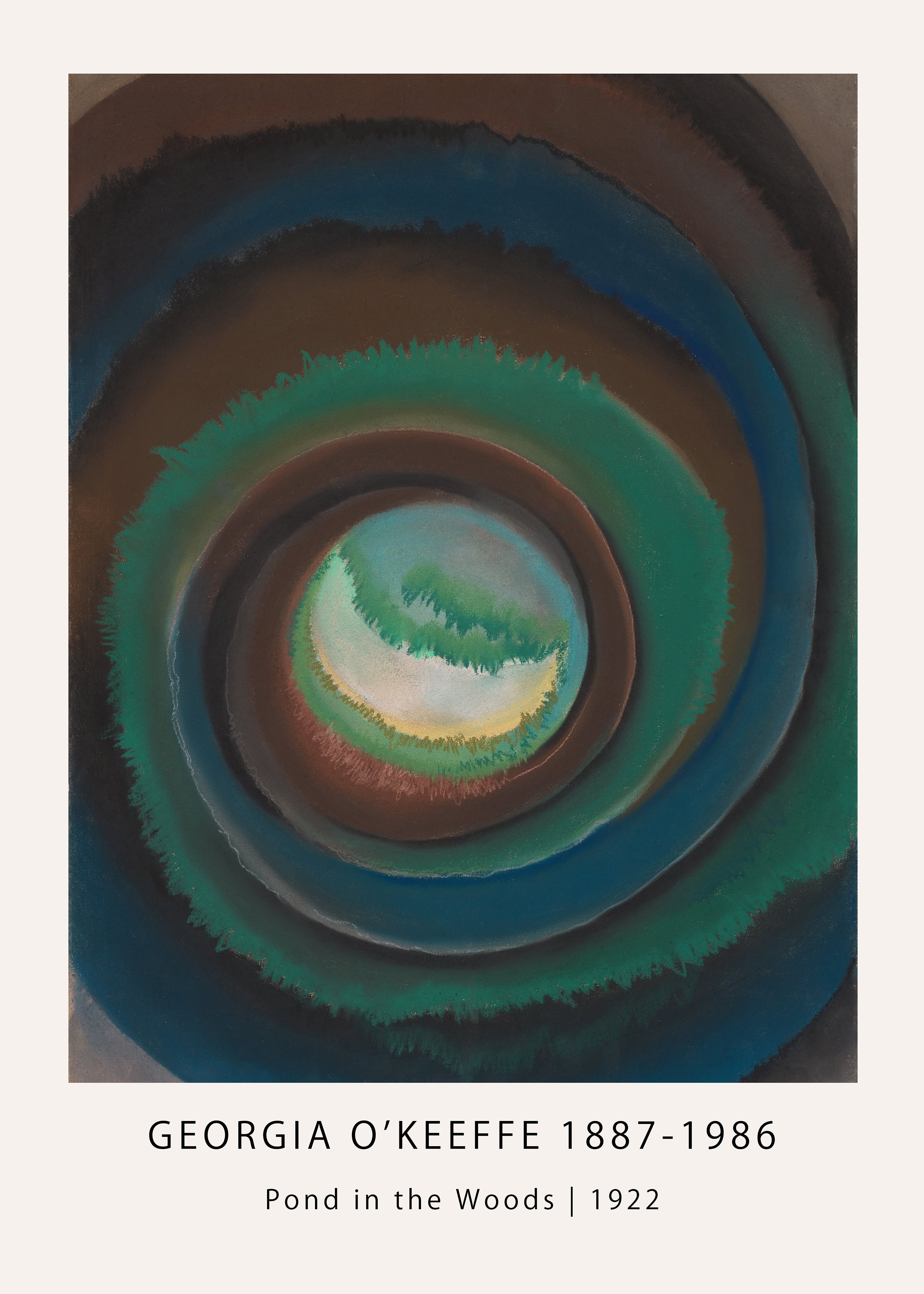 High-quality reproduction of Georgia O'Keeffe's 1922 painting "Pond in the Woods," featuring concentric rings of brown, deep blue, and green surrounding a light center.