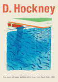 Poster featuring David Hockney's "Paper Pools" artwork from 1980, showing an abstract swimming pool in vibrant blue ink and orange/green accents on a cream background.