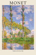 Vertical art reproduction of Claude Monet's 1891 "Poplars in the Sun," showing tall trees, reflective water, and bright Impressionist brushwork.
