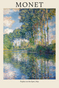 Claude Monet's 1891 Impressionist painting, Poplars on the Epte, showing tall trees reflected in shimmering blue water and a cloudy sky.