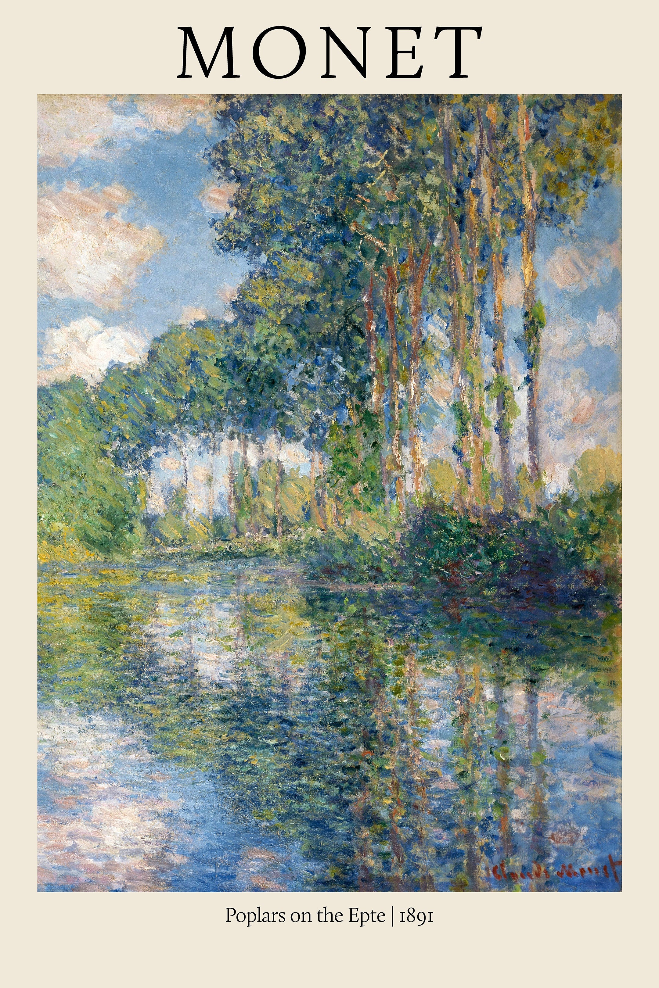 Claude Monet's 1891 Impressionist painting, Poplars on the Epte, showing tall trees reflected in shimmering blue water and a cloudy sky.
