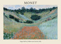 Impressionist oil painting by Claude Monet titled "Poppy Field in a Hollow near Giverny" (1885), showing vibrant red flowers and rolling green hills.