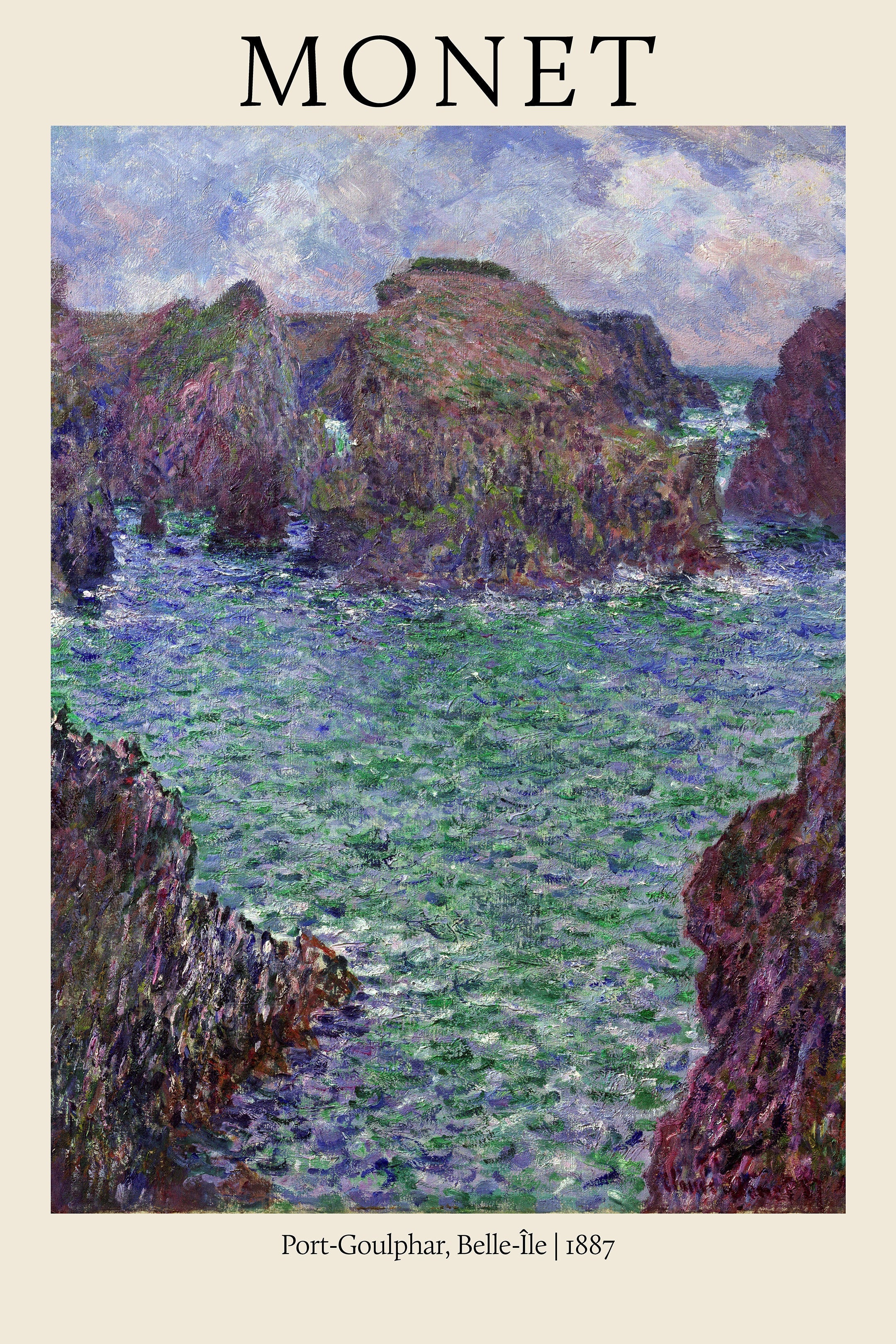 Claude Monet painting depicting the rugged coastline and turquoise-green choppy water of Port-Goulphar, Belle-Île in an Impressionist style.