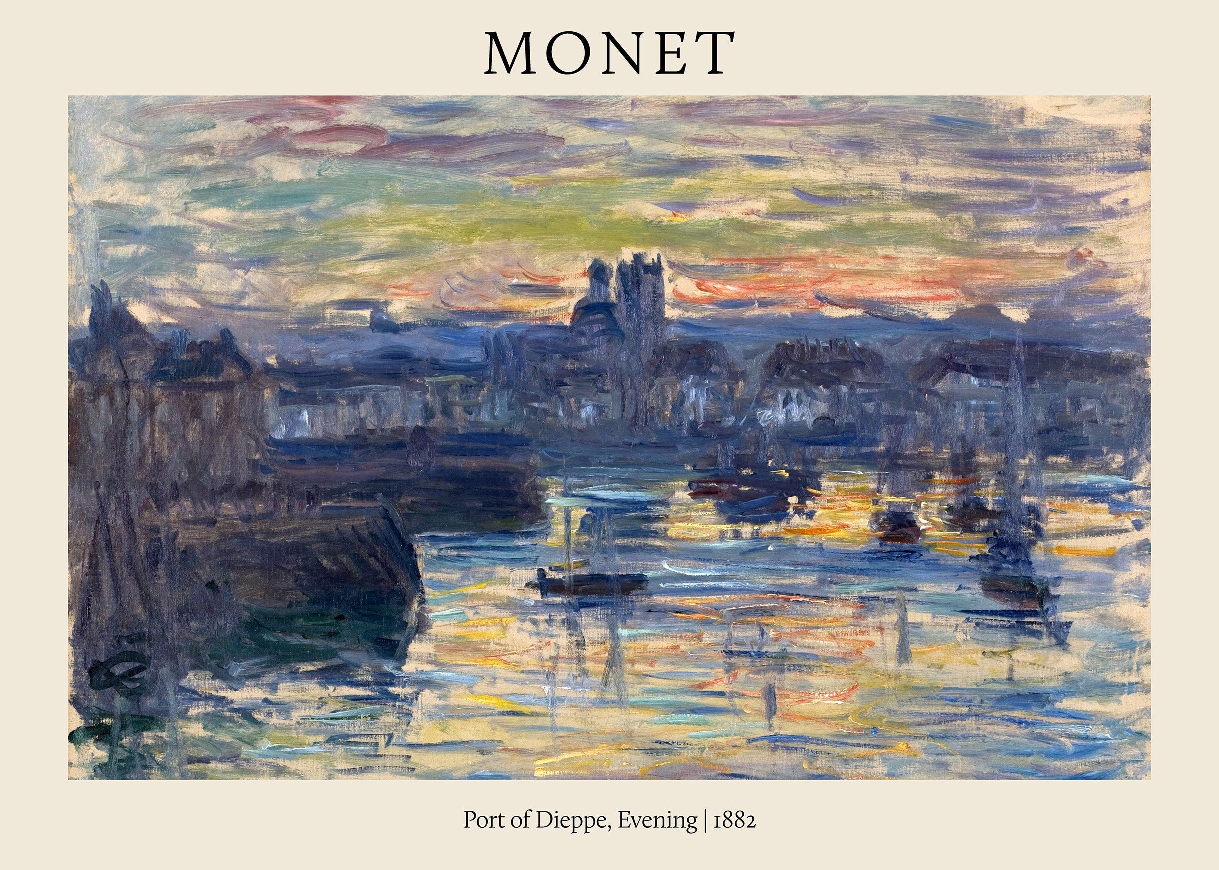 Claude Monet's 1882 painting, "Port of Dieppe, Evening," featuring impressionistic boats, dark architecture, and vivid orange and yellow reflections on the harbor water.