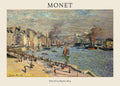 Oil painting of Claude Monet's Port of Le Havre (1874), depicting a busy French dockside with ships, steam, and citizens along the quay.