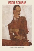 Expressionist oil painting by Egon Schiele depicting Arthur Roessler in a brown suit with clasped hands, set against a pale, textured background from 1910.