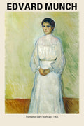 Full-length 1905 oil painting by Edvard Munch showing Ellen Warburg in a white high-collar dress, featuring expressive green and yellow brushwork.