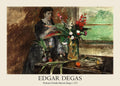 Oil painting by Edgar Degas (1872) showing Estelle Musson Degas arranging red and white flowers in vases on a dark wooden table.