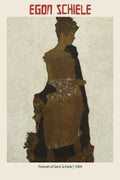 Reproduction print of Egon Schiele's 1909 Portrait of Gerti Schiele, featuring a woman in profile with textured brown tones and early Expressionist style.