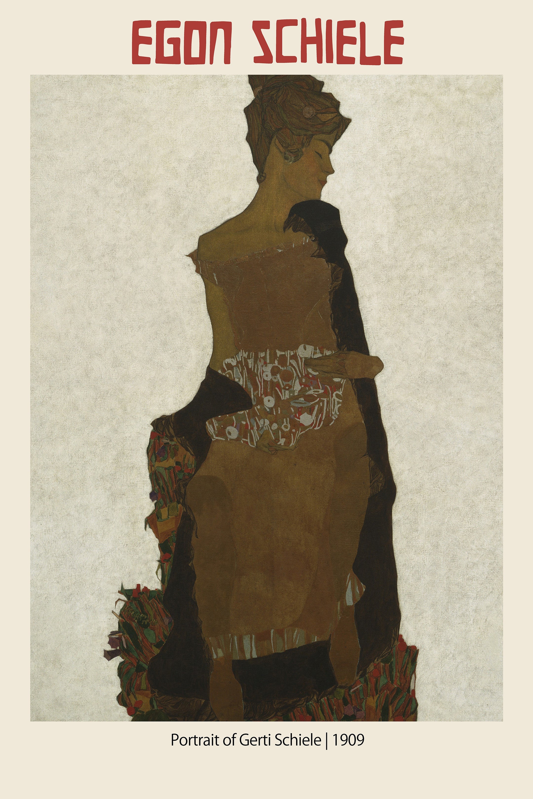 Reproduction print of Egon Schiele's 1909 Portrait of Gerti Schiele, featuring a woman in profile with textured brown tones and early Expressionist style.