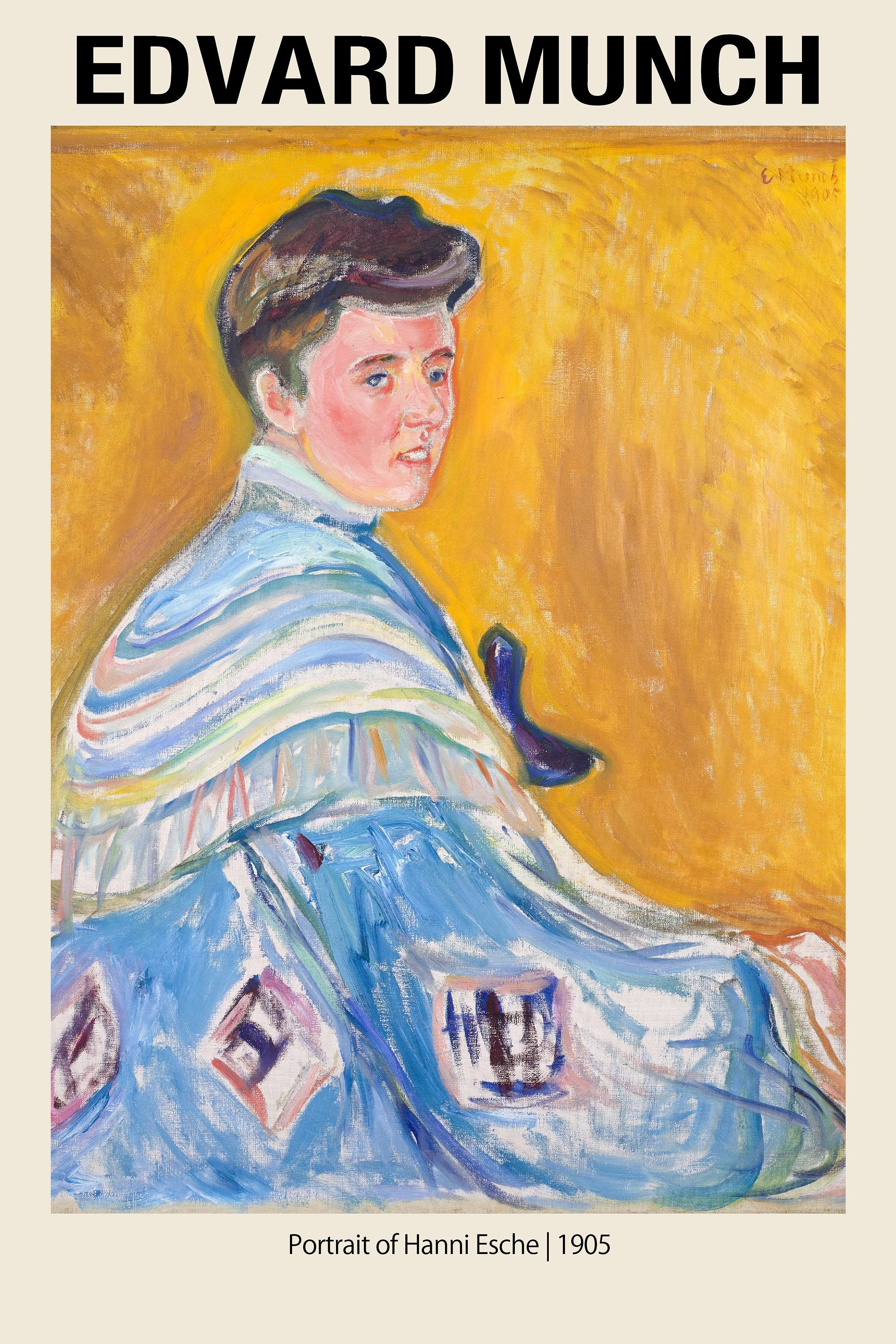 Edvard Munch painting, Portrait of Hanni Esche (1905). A young woman in a blue and white shawl against an intense yellow background.