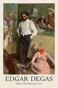 Edgar Degas oil painting showing Henri Michel-Lévy standing, leaning on an easel, next to a seated woman in pink.