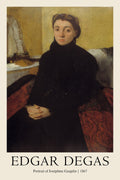 Oil painting by Edgar Degas (1867) showing Joséphine Gaujelin seated, wearing a black dress and a gold-beaded headdress against a muted yellow backdrop.