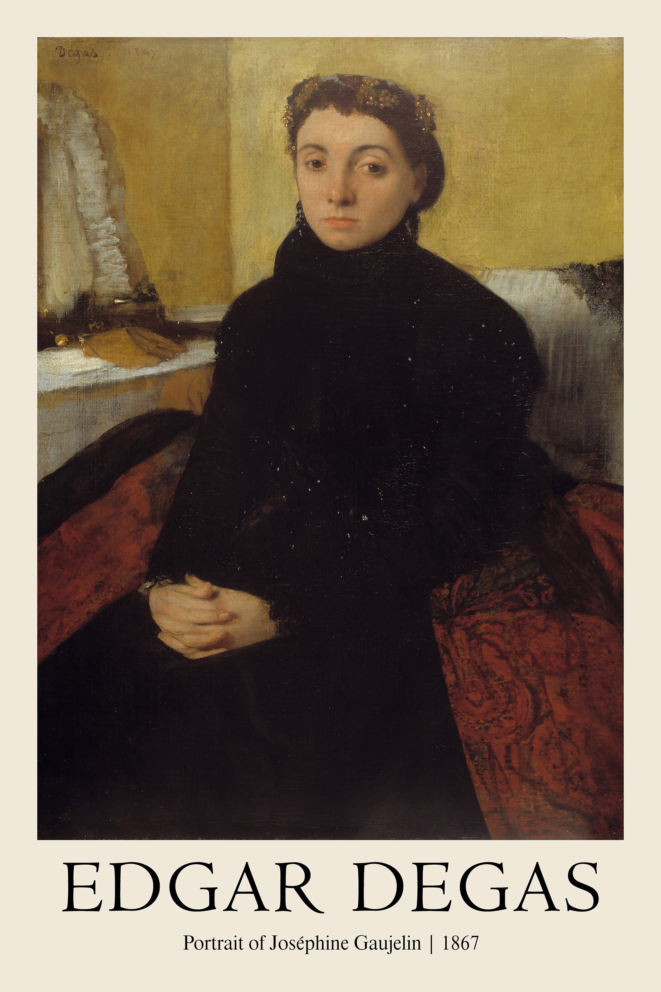 Oil painting by Edgar Degas (1867) showing Joséphine Gaujelin seated, wearing a black dress and a gold-beaded headdress against a muted yellow backdrop.