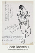 Black and white line drawing by Jean Cocteau depicting Vaslav Nijinsky as the Specter of the Rose, featuring delicate ink work and handwritten French script dated 1912.