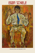 Egon Schiele oil painting reproduction of "Portrait of Paris von Gütersloh" (1918), featuring a seated man in a blue tie with raised hands against a fiery orange background.