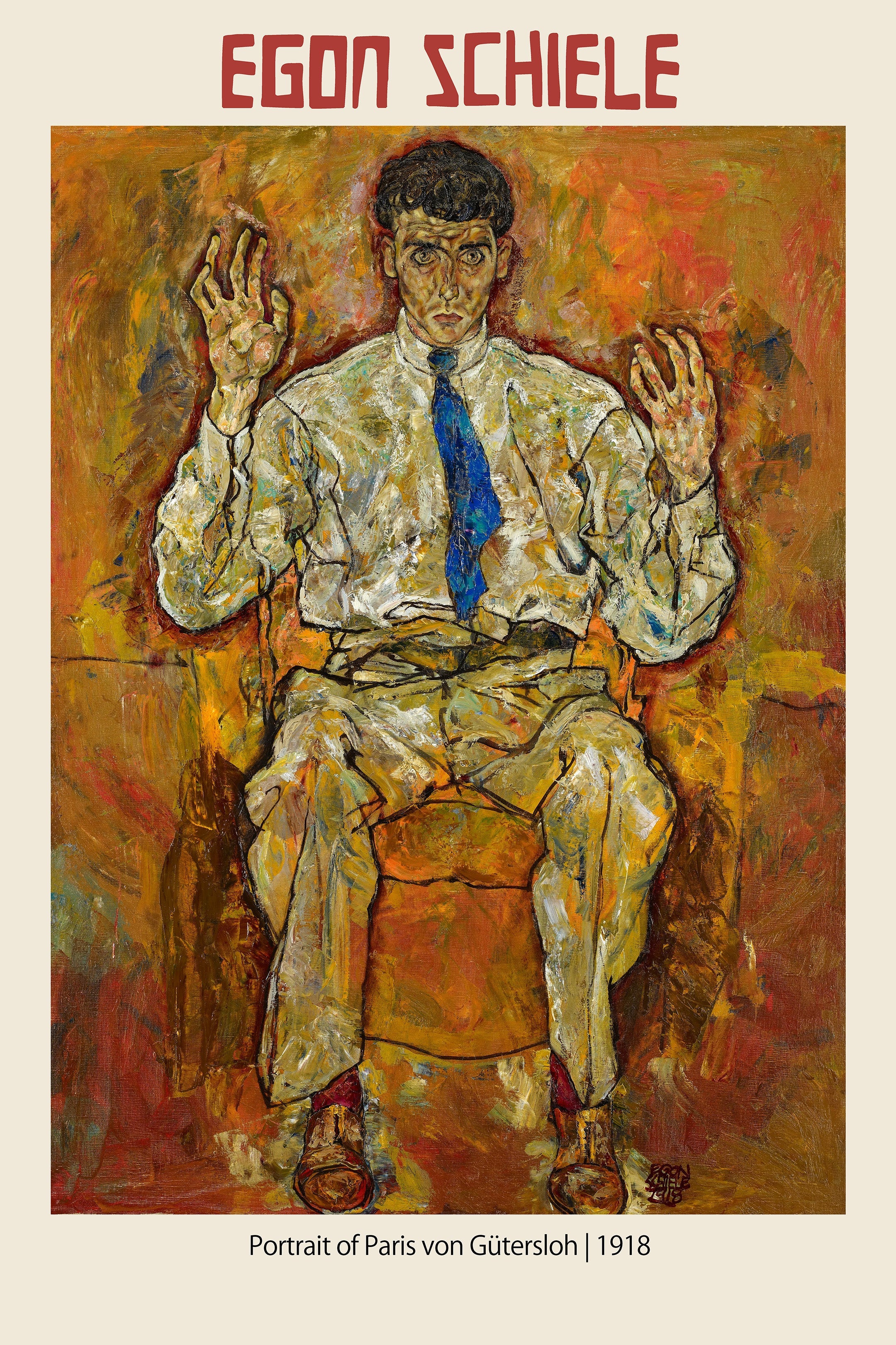 Egon Schiele oil painting reproduction of "Portrait of Paris von Gütersloh" (1918), featuring a seated man in a blue tie with raised hands against a fiery orange background.